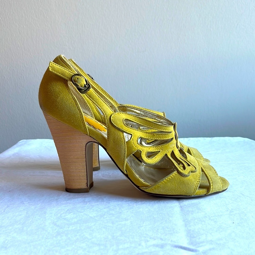 Anna Sui yellow suede stacked butterfly heels